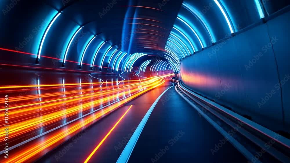 Aufkleber dynamic motion in futuristic tunnel blue and orange neon lights illuminate speed and energy with vib