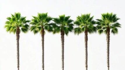 Five tall palm trees perfectly aligned, showcasing vibrant green fronds against a pristine white background.