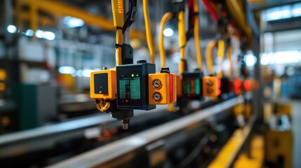 Fototapeta premium Automated production line monitoring system with sensors and controllers operating in a modern factory, ensuring quality control and efficient manufacturing processes