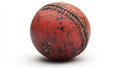 A worn, red baseball with prominent white stitching is the focal point of the image,