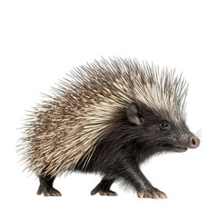 Fototapeta premium a side view of a porcupine showcasing its distinctive quills and small. rounded body against a plain white background animal's unique features and texture. making it suitable for educational or wildl