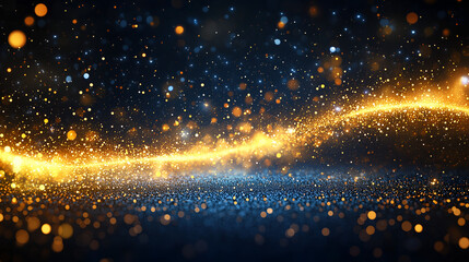 Obraz premium Abstract background with golden bokeh lights and stars on a blue, glittering stars dotted background. 