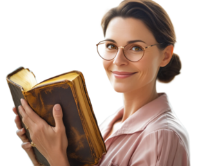 Female teacher with book isolated on transparent background