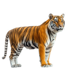 Fototapeta premium realistic representation of a tiger. showcasing its striking orange and black striped fur and strong physique the tiger stands confidently against a plain white background. emphasizing its majestic ap
