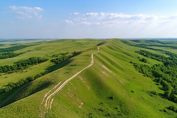 Naklejka premium Lush Green Rolling Hills Under Clear Blue Sky with Dirt Path in Rural Landscape