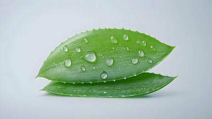 Fresh aloe vera leaves with water droplets, isolated on a light gray background, ideal for skincare product advertising.