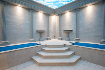Serene indoor pool area with stone columns and blue water