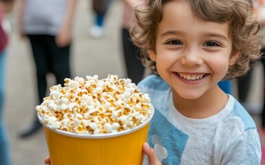 Joyful child holding a large bucket of popcorn at a fun outdoor event with friends nearby
