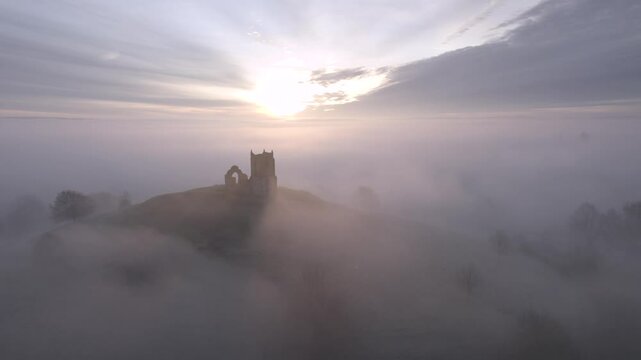 Aerial footage of Somerset Levels flooding near North Curry with sunrise cloudy sky in England