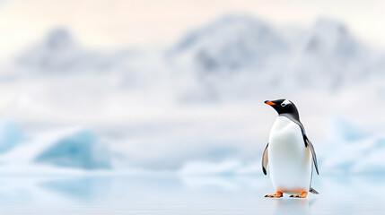 Obraz premium Gentoo penguin standing on Antarctic ice, mountains in background; wildlife, nature photography for travel brochures.