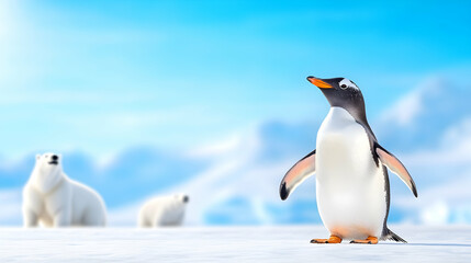 Naklejka premium Gentoo penguin on Antarctic ice, polar bears in background; climate change, wildlife conservation.