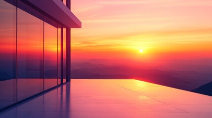 A stunning 3D render of a morning view towards a perspective glass building, with the sun rising in...