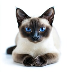 A Siamese cat with striking blue eyes lying down, its paws crossed elegantly, gazing forward on a pure white backdrop