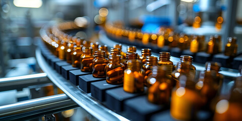 Fototapeta premium Glass Bottles on Automated Production Line in Modern Factory, High-Volume Manufacturing Process 