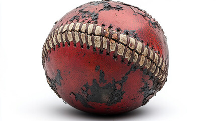 A worn, red baseball with prominent white stitching is the focal point of the image,