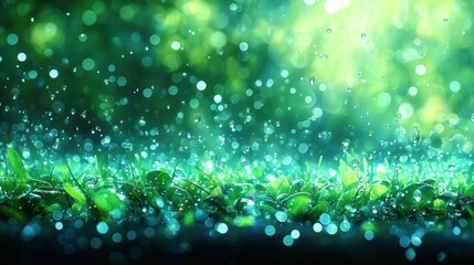Lush green grass illuminated by rain drops in a forest.