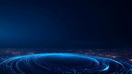 Fototapeta premium Glowing circular light trails over a cityscape at night; futuristic technology concept for websites or presentations.