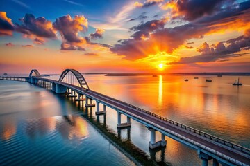 Kerch Strait Bridge, Crimea: Panoramic View at Sunrise, Rule of Thirds Composition