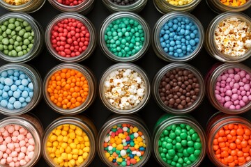 Colorful jars filled with candy and popcorn arranged in a vibrant display