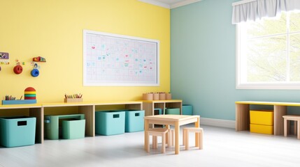 Bright and colorful children's classroom with learning materials.