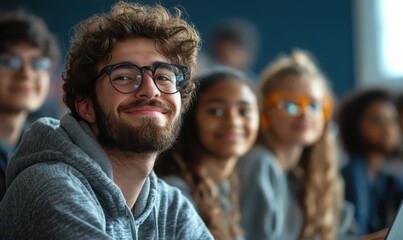 Obraz premium Group of high school students and classmates sitting in the classroom with male friendly smiling teacher