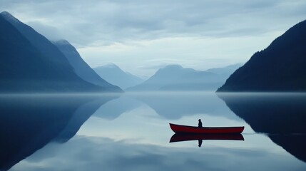 A lone figure in a red canoe on a tranquil lake surrounded by mountains.