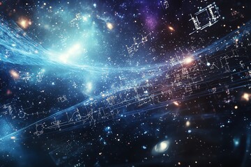 Algebra and science concept, equations and formulas floating against a cosmic or laboratory backdrop, mathematical and scientific synergy