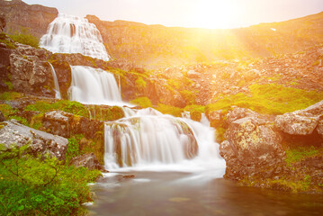 Dynjandi is one the most famous waterfall of the West Fjords of Iceland at summer