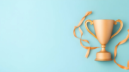 Gold trophy with ribbon on blue background; achievement, success, victory concept; ideal for websites, presentations, and marketing materials.