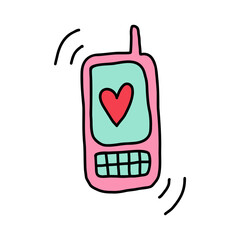 Ringing phone with heart in doodle style. Cute hand drawn phone heart, perfect for sending love messages on Valentine's Day. Ideal phone heart design for romantic greetings and heartfelt connections