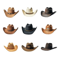 a collection of nine distinct cowboy hats arranged in a 3x3 grid each hat features unique designs. colors. and materials. highlighting the diversity in cowboy hat styles this visual serves as a resour