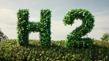 Lush greenery forming the letters "H2" against a serene hill and clear sky, symbolizing eco-friendly innovation.