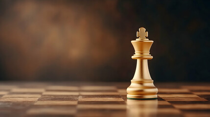 Golden chess king on board, strategy game, leadership concept, dark background, business success.