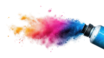 A close-up of a spray paint can releasing a colorful burst of paint, with the mist gradually dispersing, isolated on a pure white background. 