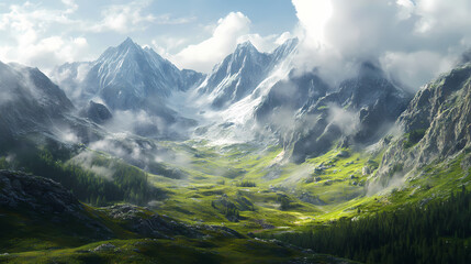 Alpine foothills: a splendid mountain landscape in the summer. Foothill. Illustration