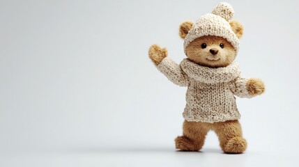 Fototapeta premium A cute little teddy bear with a knitted hat, standing in a pose as if waving, placed against a pure white backdrop.
