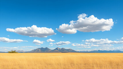 Obraz premium Golden grasslands under a vibrant blue sky with fluffy clouds and distant mountains; ideal for travel brochures or nature documentaries.