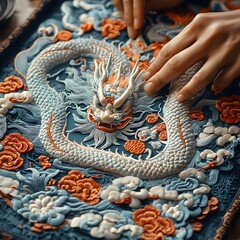 Naklejka premium Intricate Needlework Crafting Ornate Dragon Embroidery in Traditional Silk Frame
