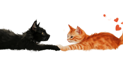 A cute illustration of a cat and mouse, featuring a white and orange kitten with a playful expression, surrounded by other cats, in a cartoonish style with a red silhouette and simple vector design