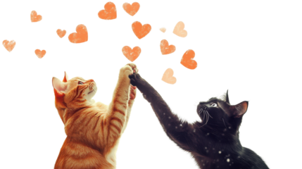 A cute illustration of a cat and mouse, featuring a white and orange kitten with a playful expression, surrounded by other cats, in a cartoonish style with a red silhouette and simple vector design