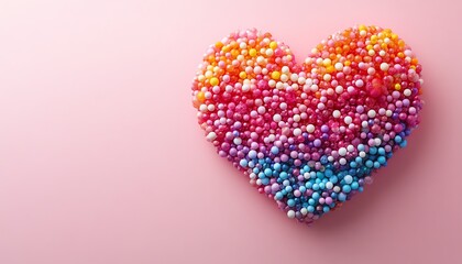 Fototapeta premium A vibrant, colorful heart shape made from DIY craft materials on a soft pink background, symbolizing love and creativity, highresolution, bright lighting
