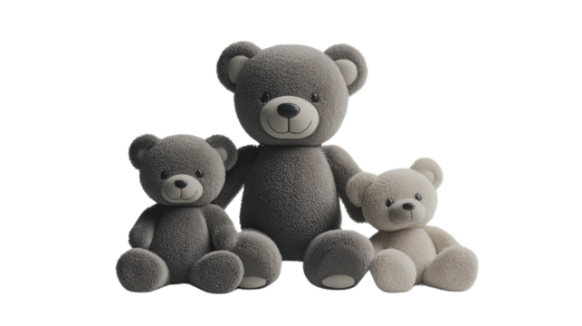 Title for the image: Two fluffy teddy bears holding a heart sitting together, representing love and childhood fun