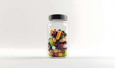 Glass jar filled with colorful capsules and pills.