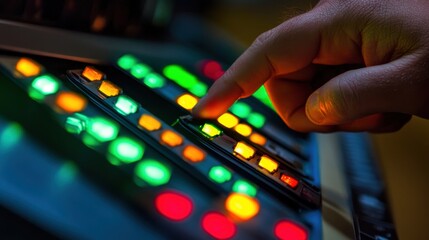 Hand operating a professional video switcher, pressing colorful illuminated buttons in a bustling television broadcasting control room filled with advanced technology and equipment