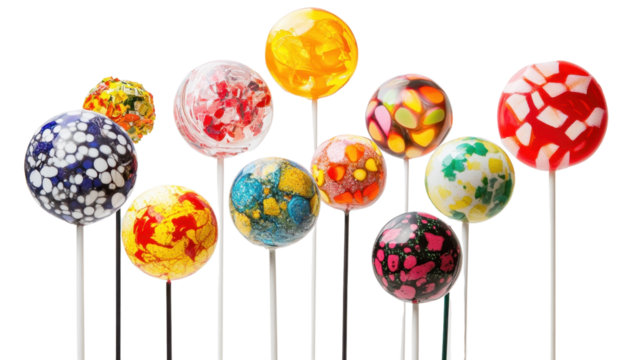 Colorful Easter eggs with lollipops, candy, and fun design elements in a bright, playful illustration