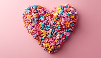 A DIY colorful heart shape on a pink backdrop, filled with bright craft materials, perfect for valentines day or romantic concepts, playful design