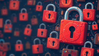 A vibrant illustration featuring multiple red padlocks on a dark background, symbolizing security and protection.
