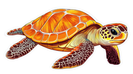 Turtle walking on a white background with its shell visible, isolated and looking cute