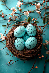 Fototapeta premium Easter composition with colored pastel Easter eggs in nest from willow branches on a pastel turquoise background.