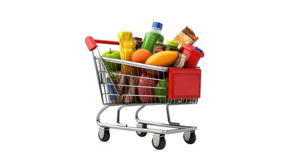 Red shopping cart full of vegetables and groceries at the supermarket